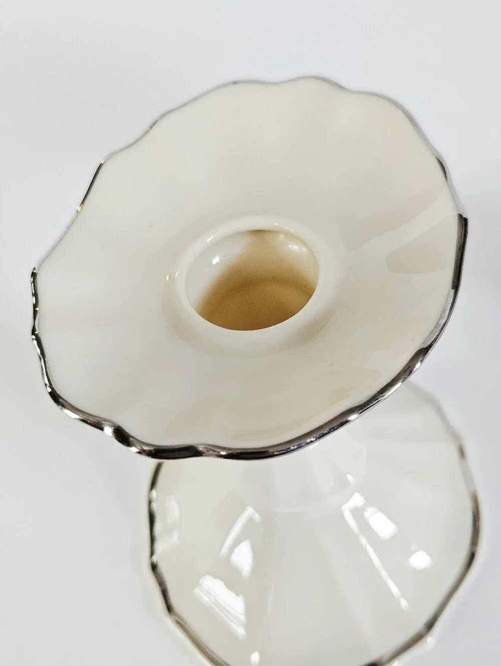 Lenox China Vintage Symphony Pattern Porcelain Candlesticks Ivory Platinum Trim
